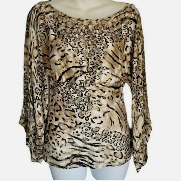𝅺cache Lux Semi Sheer Animal Print Silk Blend Jeweled 3/4 Sleeve Blouse Size: S - Picture 1 of 8